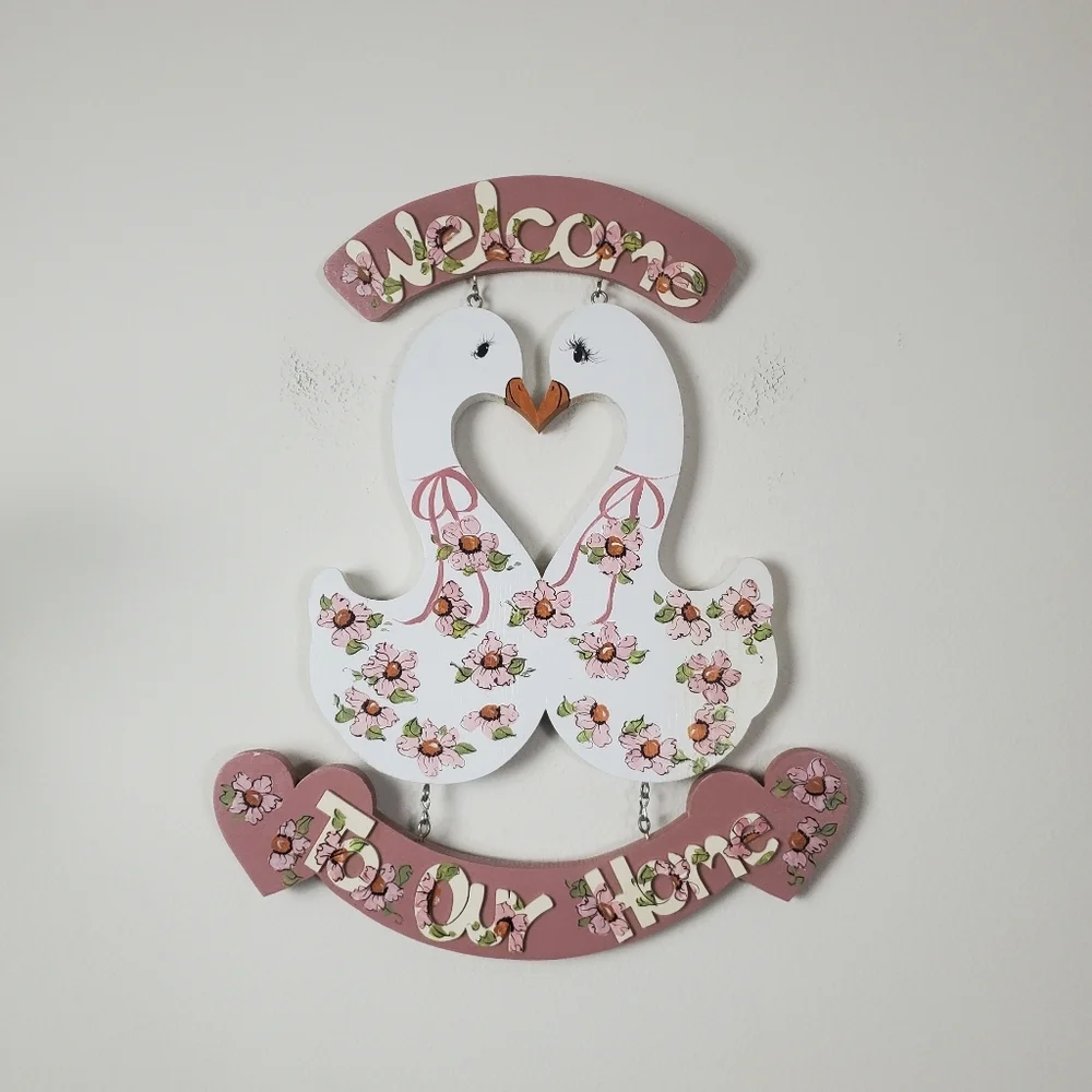 Floral Swan Wooden Wall Sign Pink Hues Hand Painted - Picture 2 of 11